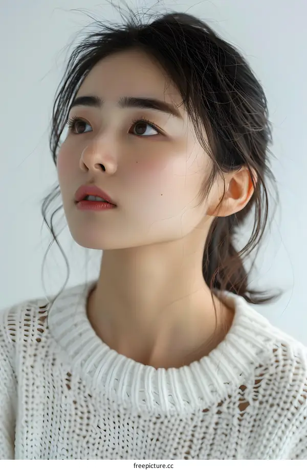 portrait of a young asian woman with long dark hair wearing a white sweater looking up