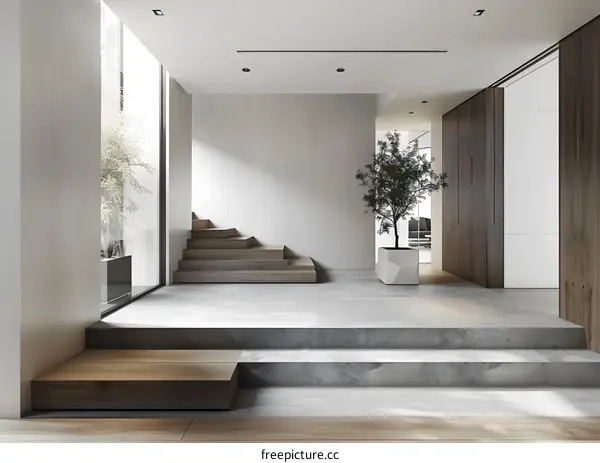 Modern Minimalist Interior Design With Stairs And Plant