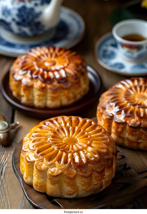 Closeup of Moon Cakes on Wooden Table