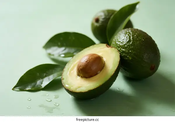Fresh Avocado with Leaves and Water Drops on Green Background