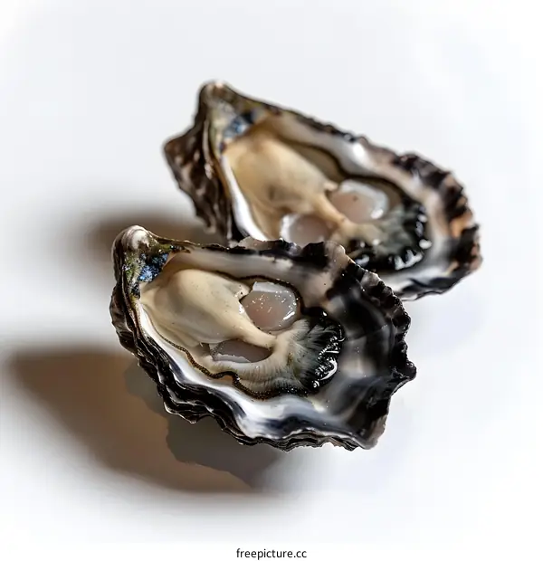 Two Fresh Oysters on White Background