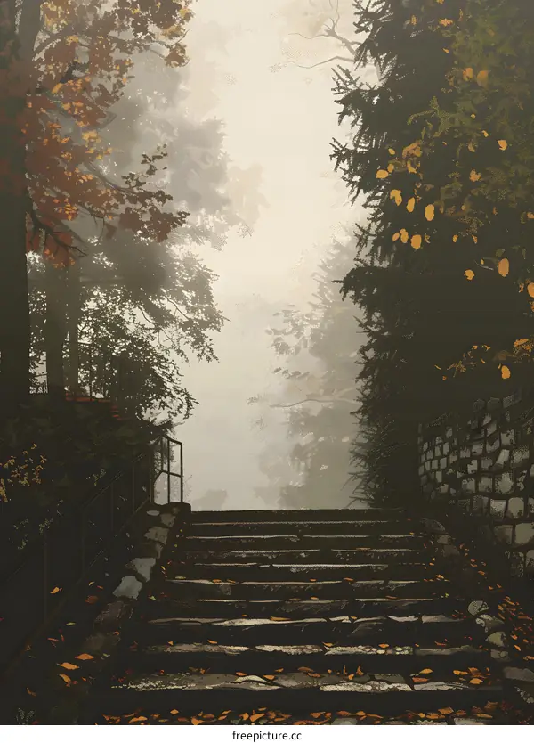 Stone Stairs Leading Up Through Foggy Forest