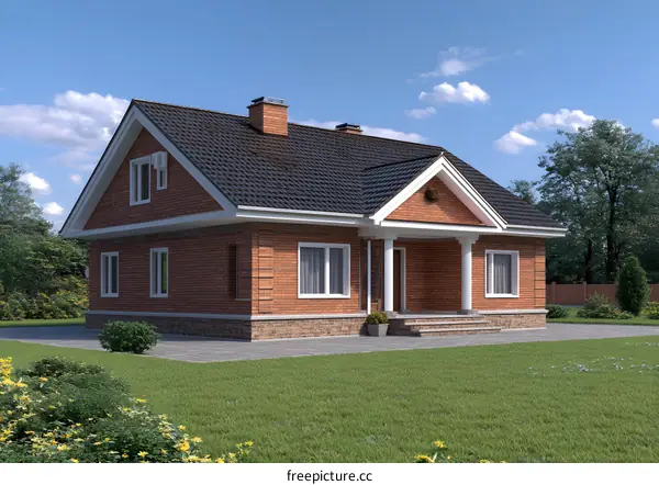 Modern Red Brick House with Green Grass Lawn