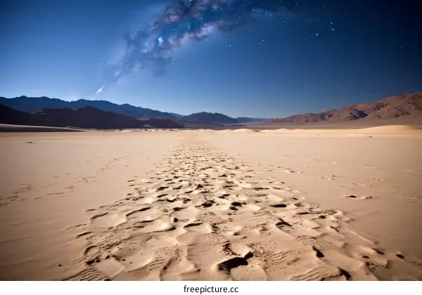 Footprints in the sand dunes under the starry night sky