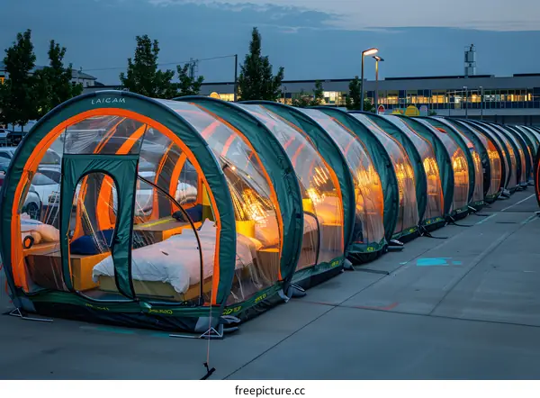Row Of Inflatable Tents For Camping At Night