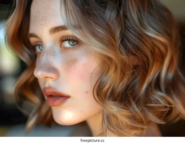 portrait of a beautiful woman with freckles and blue eyes