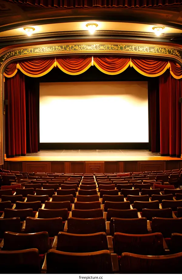 Empty Theater Seats in Front of a Stage With Red Curtains