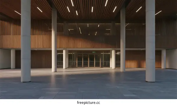 Modern Interior Hall with Wooden Ceiling and Columns