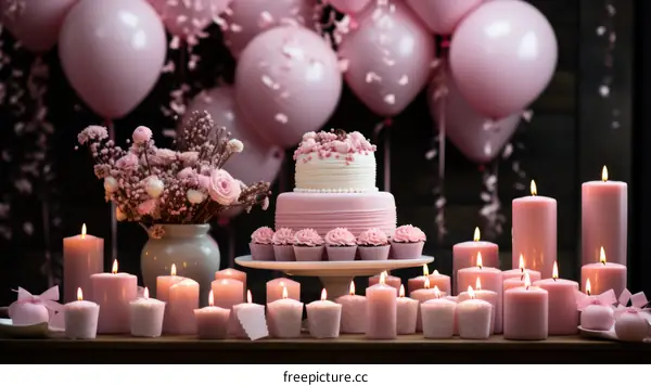 Pink birthday party table with cake and cupcakes