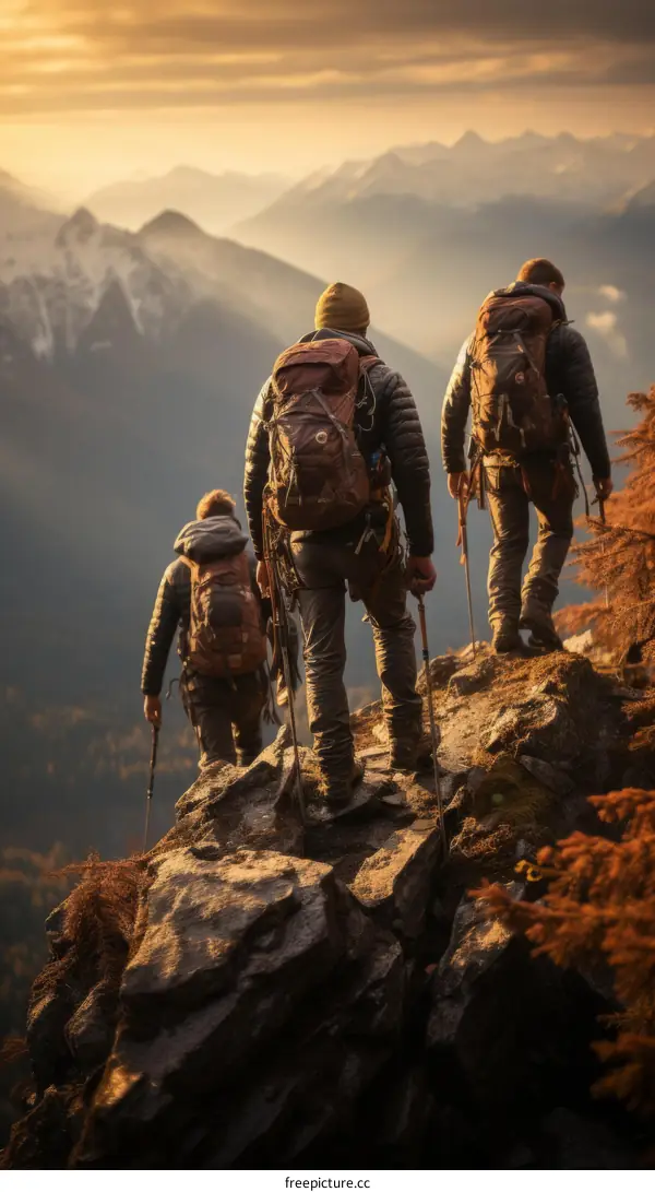 Three hikers walking along a mountain ridge