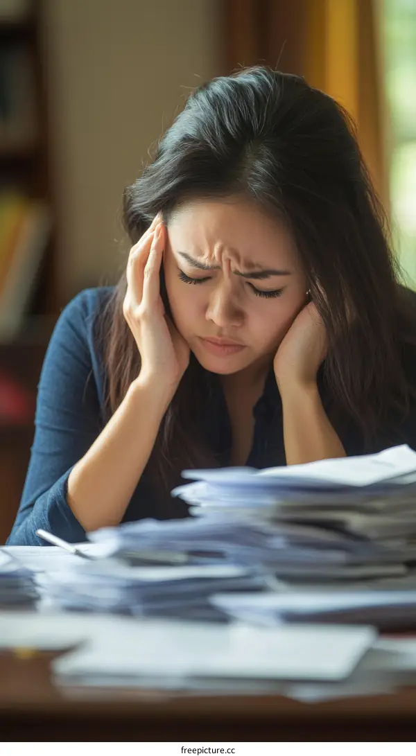 Asian woman overwhelmed by paperwork