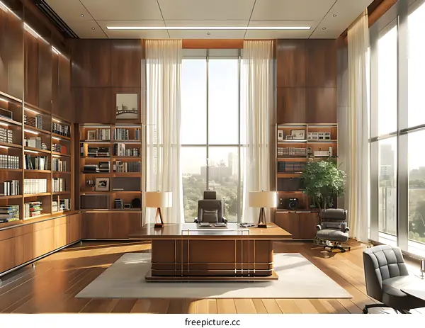 Modern office interior with large windows and wooden paneling