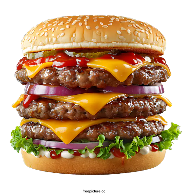 [Transparent Background PNG]A delicious triple cheeseburger with all the fixings