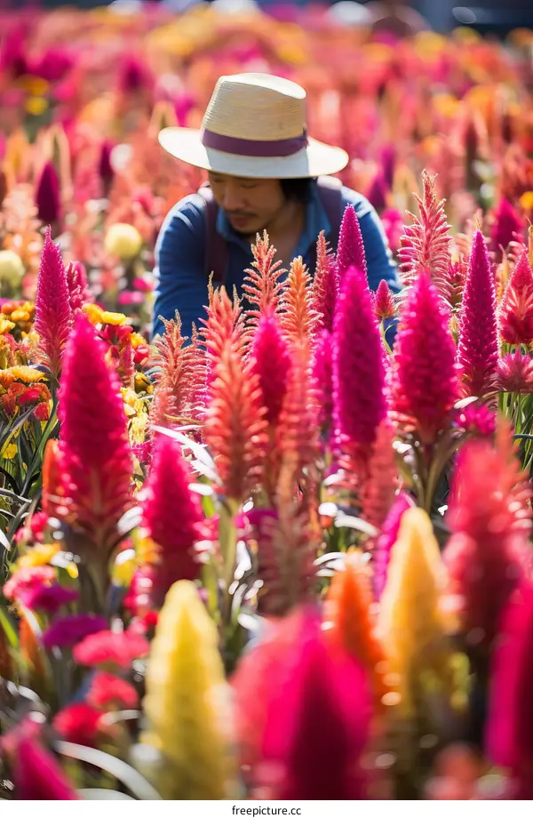 Man in straw hat kneels in field of colorful celosia flowers