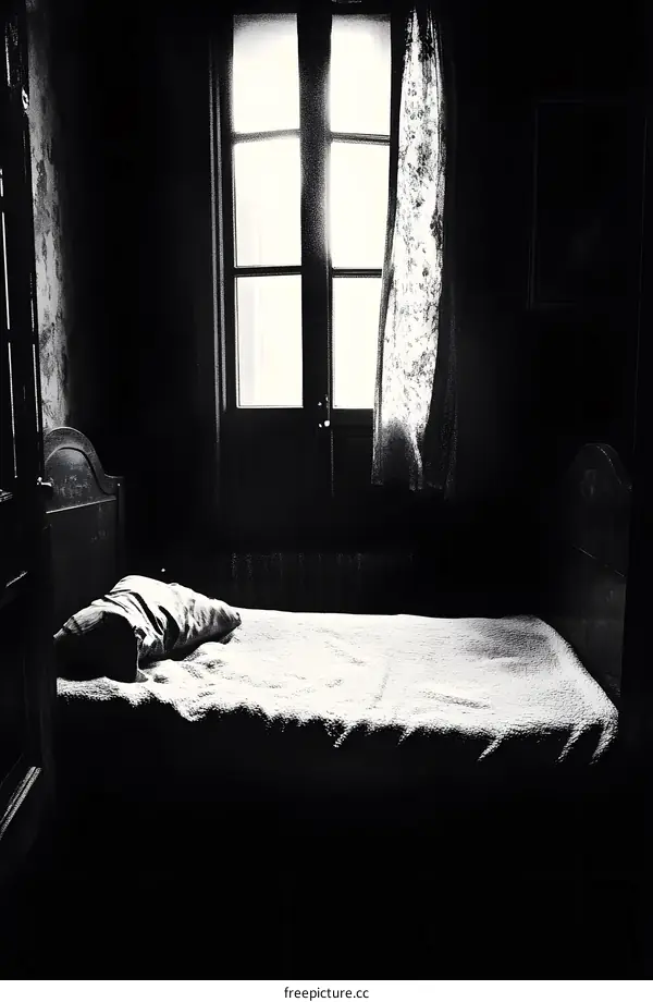 Black and White Bedroom Interior Photo with Window and Bed