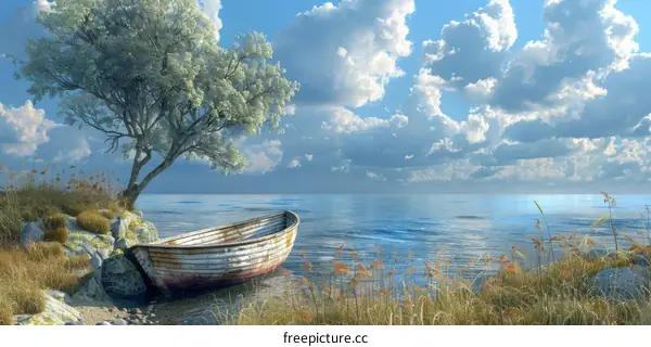 Tranquil Lake with Serene Scenery, Boat and Tree