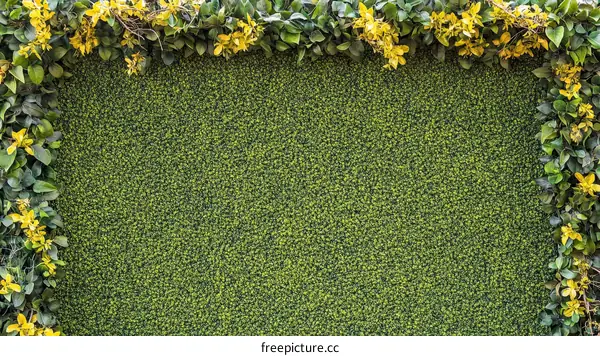 Artificial green wall with yellow flowers frame