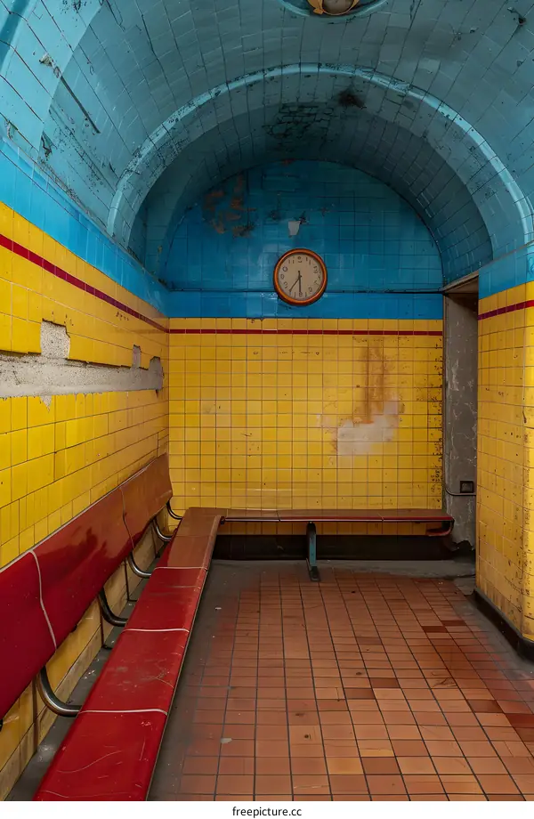 Vintage Yellow and Blue Tile Room with Red Benches and a Clock