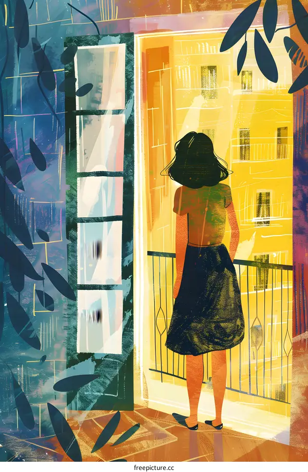 Woman Looking Out Balcony Window