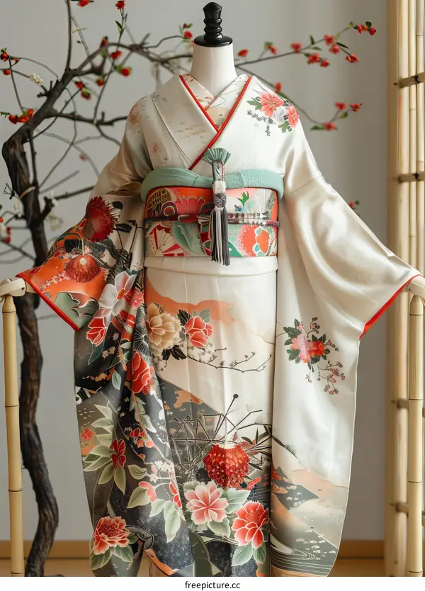 A kimono with a floral pattern and a red obi