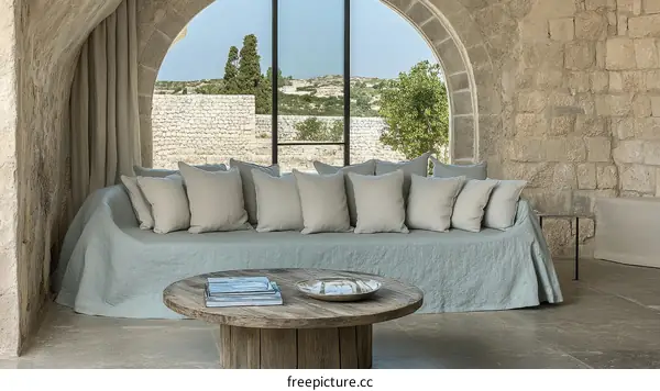 Rustic Stone-Wall Living Room with Light Teal Sofa