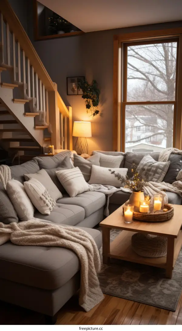 Cozy living room with a couch, coffee table, and wintery decorations