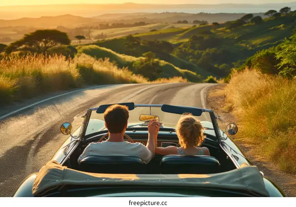 A couple driving down a winding road with the sun setting behind them