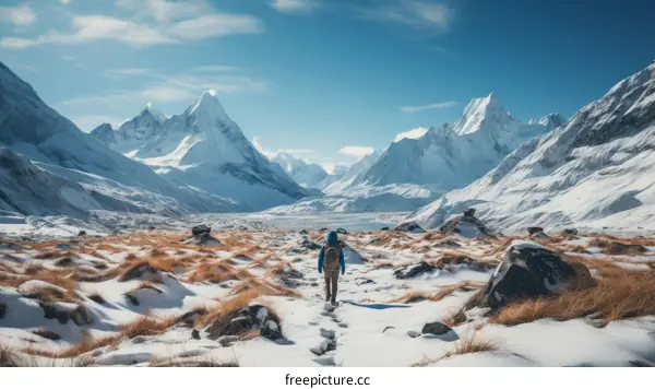 A lone hiker traverses a snowy mountain landscape with a majestic mountain range in the distance