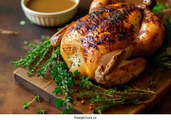Roasted chicken with herbs and spices on a wooden cutting board