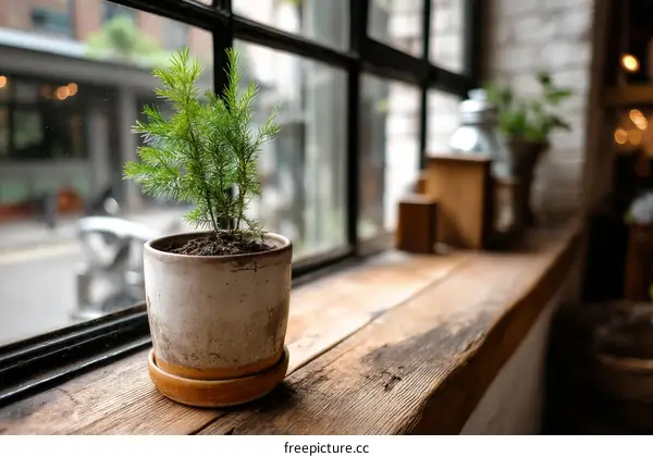 Small Plant on Wooden Window Sill