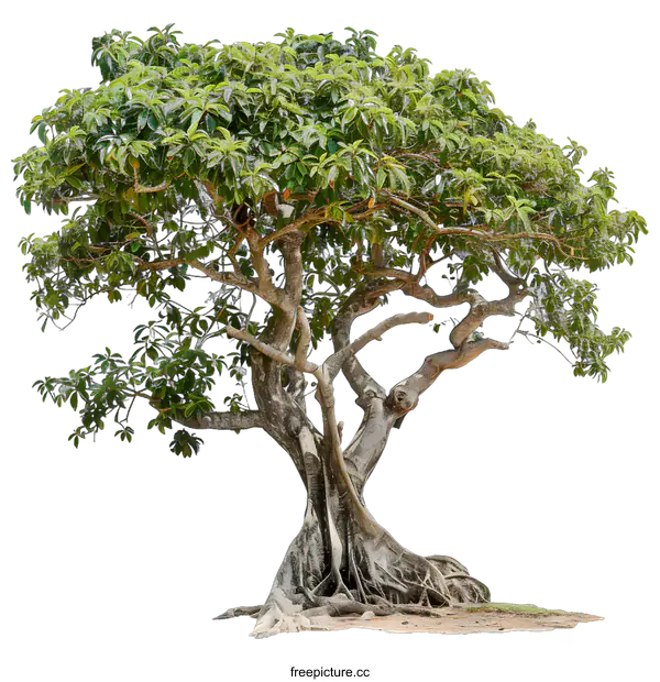 [Transparent Background PNG]Isolated Tree with Lush Green Foliage and Exposed Roots
