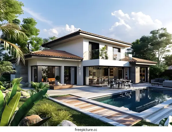 A luxurious modern villa with a pool