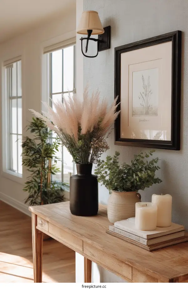 Elegant Wooden Console Table with Pink Pampas Grass Decor
