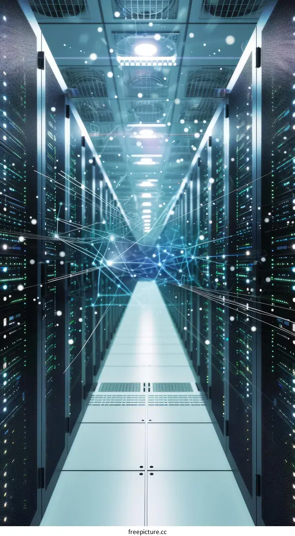 Server room with blue glowing network connections