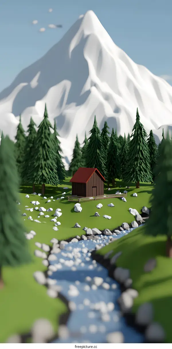 Low Poly Mountain Cabin with Stream and Trees