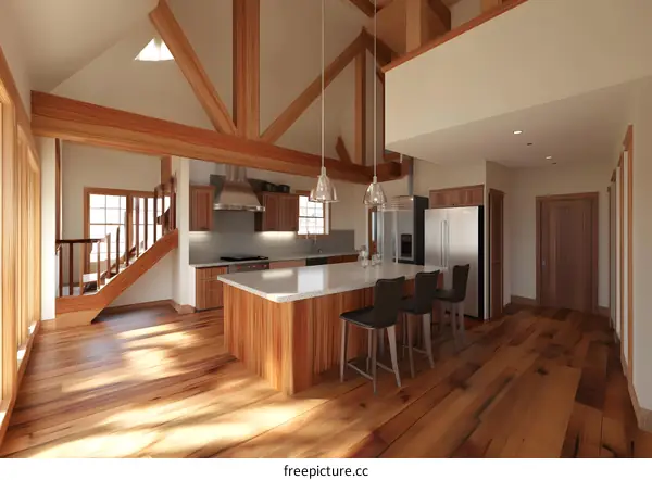 Modern Kitchen Design With Wood Beams And Large Windows