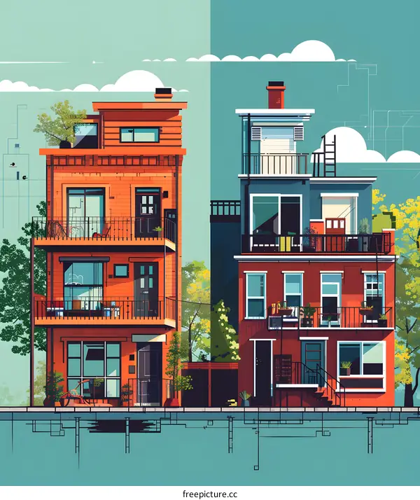 Modern Illustrated Cityscape with Two Colorful Houses