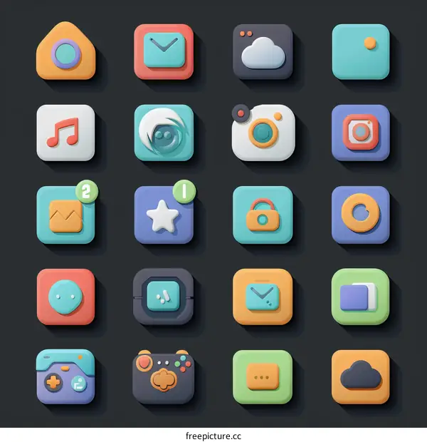 A set of 16 colorful 3D app icons