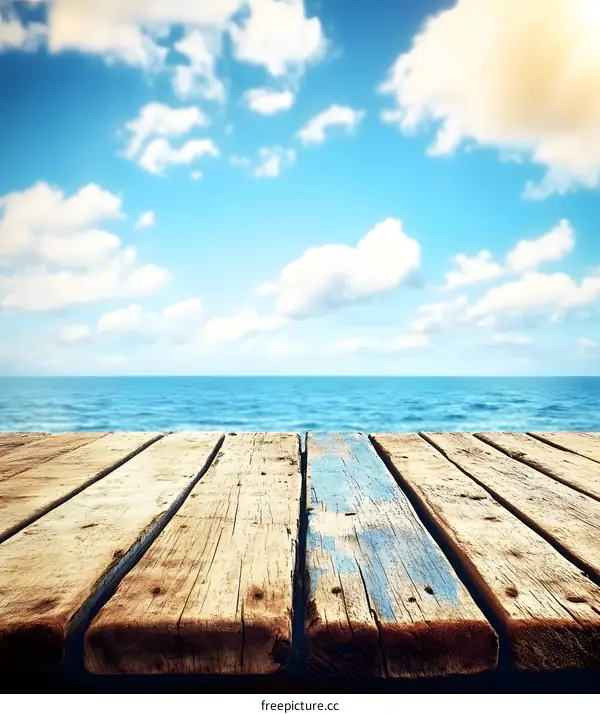 Wooden Plank Overlooking Ocean And Blue Sky