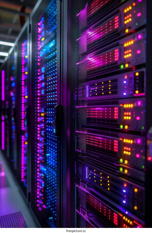 Server room with colorful lights illuminating the hardware