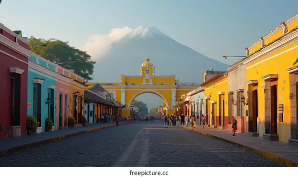 A cobblestone street in Antigua Guatemala with a large yellow archway and a volcano in the background