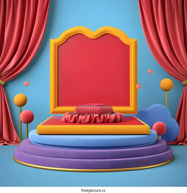 Abstract 3D Colorful Stage with Curtians and Geometric Shapes