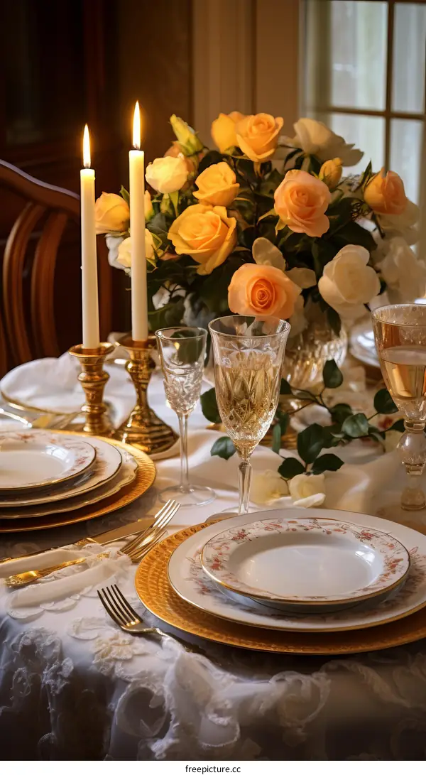 Elegant Table Setting with Flowers and Candles