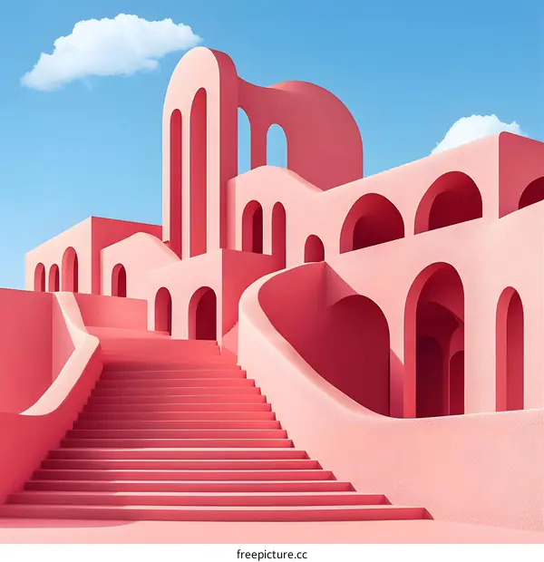Pink Abstract Building Architecture With Arches And Staircase