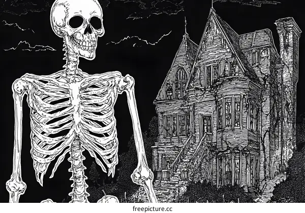 Spooky Skeleton Standing In Front Of Haunted House