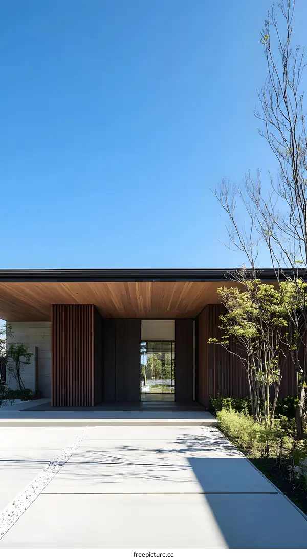 Modern Home Entrance with Wooden Cladding and Concrete Walkway