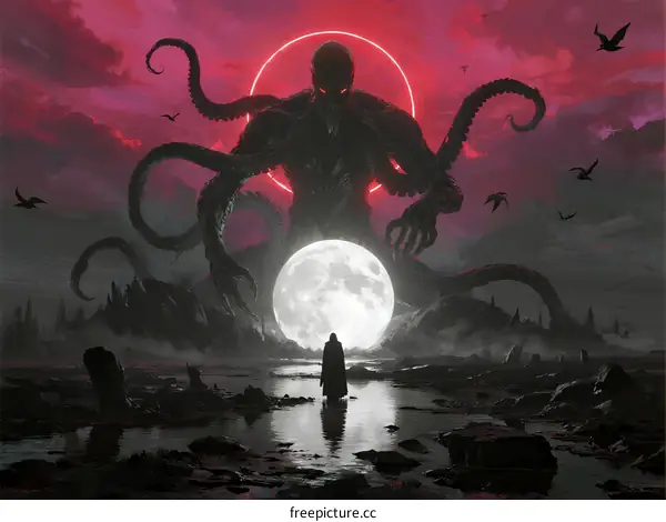Giant Octopus-like Monster Under Blood Moon with Human Figure