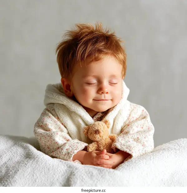 Cute Toddler Asleep with Stuffed Teddy Bear on Soft Blanket
