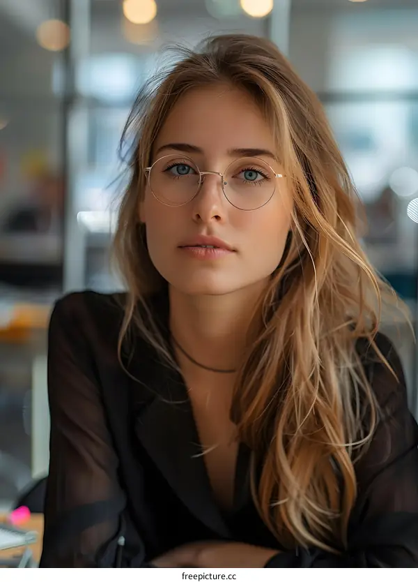portrait of a beautiful blonde woman wearing glasses