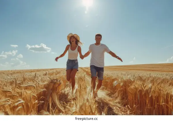 Couple running through a wheat field on a sunny day